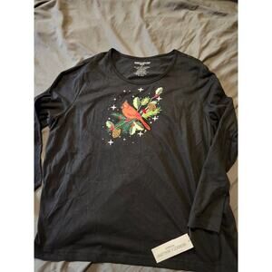 Rebecca Malone Top Women's 2XL Black Christmas Cardinal Cotton Shirt Pullover NW